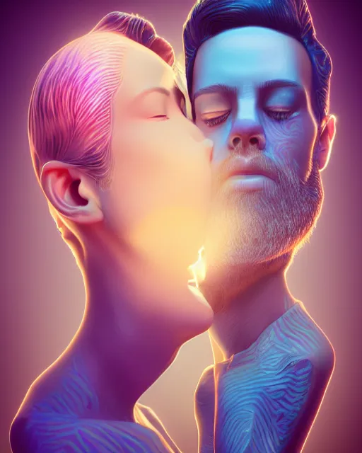 Image similar to 3 d render of kissing couple with profile picture by luis toledo and alex grey and beeple, neosurrealism. digital art, pixel art, concept art, octane render, trending on cgsociety, trending on artstation