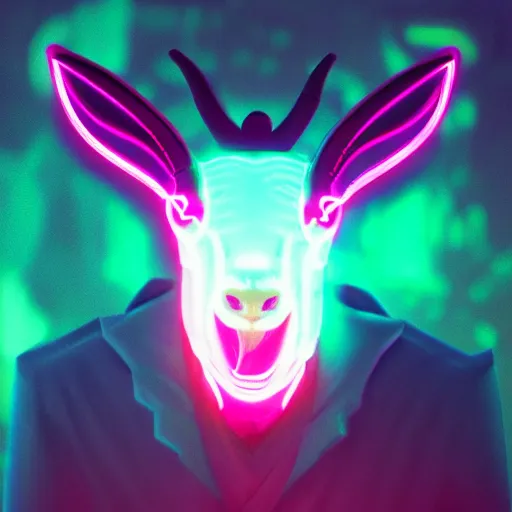 Prompt: synthwave demonic goat face with neon horns, detailed face, sharp focus, synthwave art, aesthetic, octane render, raw, cinematic