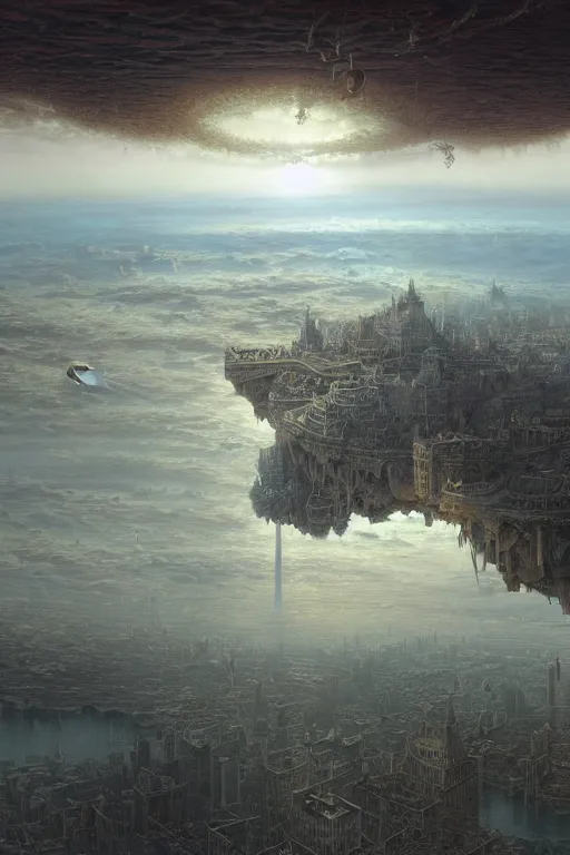 Prompt: a beautiful hyper realistic detailed matte painting of a city floating in the air, flying castle might, vivid color hues, looks like creativity by john howe, greg rutkowski, gustave dore, ferdinand knab, aerial view above a desolate apocalyptic plain, barometric projection, rectilinear, octane render, ellen jewett, beautiful surreal palatial pulsar at dawn