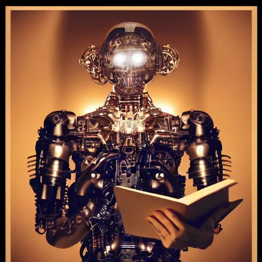 Prompt: a beautiful intricate fine art portrait photo of a happy mechanical futuristic cybernetic humanoid reading a letter of admission held in her hands, by natalie shau and zach sutton, eyes light up, happiness!, perfection!, studio lighting, golden ratio composition, 50mm lens, bionic, cybernetic scifi, deep depth of field, artstation, 8K