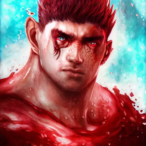 Image similar to portrait of guts from berserk submerged in red water, extremely detailed, made by wlop, maxwell boas, Sakimi chan and Anato Finnstark