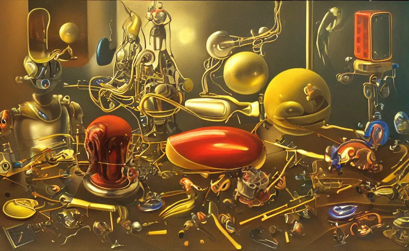 Image similar to strange seductive futuristic robot body, enticing colorful oil painting dutch golden age vanitas still life sparse composition with bulbous objects strange gooey transparent surfaces shiny metal reflections bizarre mutant meat insects rachel ruysch dali todd schorr very detailed perfect composition rule of thirds masterpiece canon 5 0 mm, cinematic lighting, photography, retro, film, kodachrome