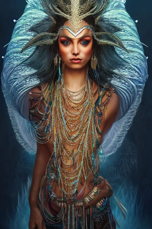 Image similar to a centered render of a single alluring mystical tribal goddess adorned with feathers and gemstones and cables and synthesizer parts is surrounded by sacred geometry made from elven architecture, full body, gorgeous, perfect face, powerful, cinematic, beautifully lit, by artgerm, by karol bak, 3 d, trending on artstation, octane render, 8 k