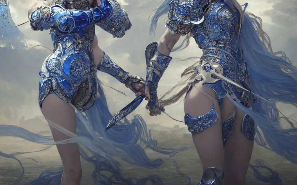 Image similar to knights of zodiac girl, chinese blue and white porcelain reflected armor, fight cinematic shot, in ruined agora of athens, ssci - fi and fantasy, intricate and very very beautiful and elegant, highly detailed, digital painting, artstation, concept art, smooth and sharp focus, illustration, art by tian zi and wlop and alphonse mucha