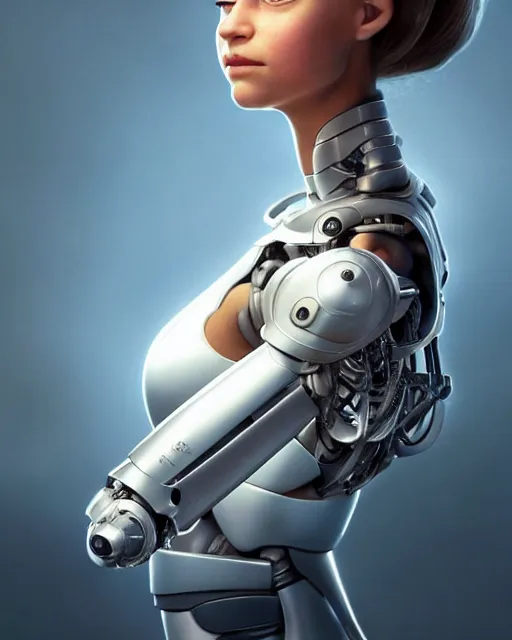 Image similar to weta disney pixar movie still head and torso portrait photo of young alicia vikander lying on her back on a mechanical table with a white ponytail as thoughtful intricate detailed mechanical plastic cyborg girl by pixar, by weta, wlop, ilya kuvshinov, rossdraws, artgerm, latex, iridescent, bright morning, anime, liosh, mucha