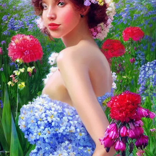 Image similar to a portrait of a romantic woman with flowers grow out of hair, roses peonies forget-me-nots dahlias lupins gladioli, sky theme in background, by Alexandr Averin, Digital Art, Trending on artstation