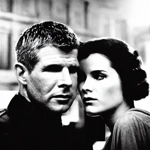 Prompt: old black and white photo, 1 9 3 3, depicting blade runner rick deckard and rachael, ultra realistic face, leica, historical record, dramatic lighting, close - up