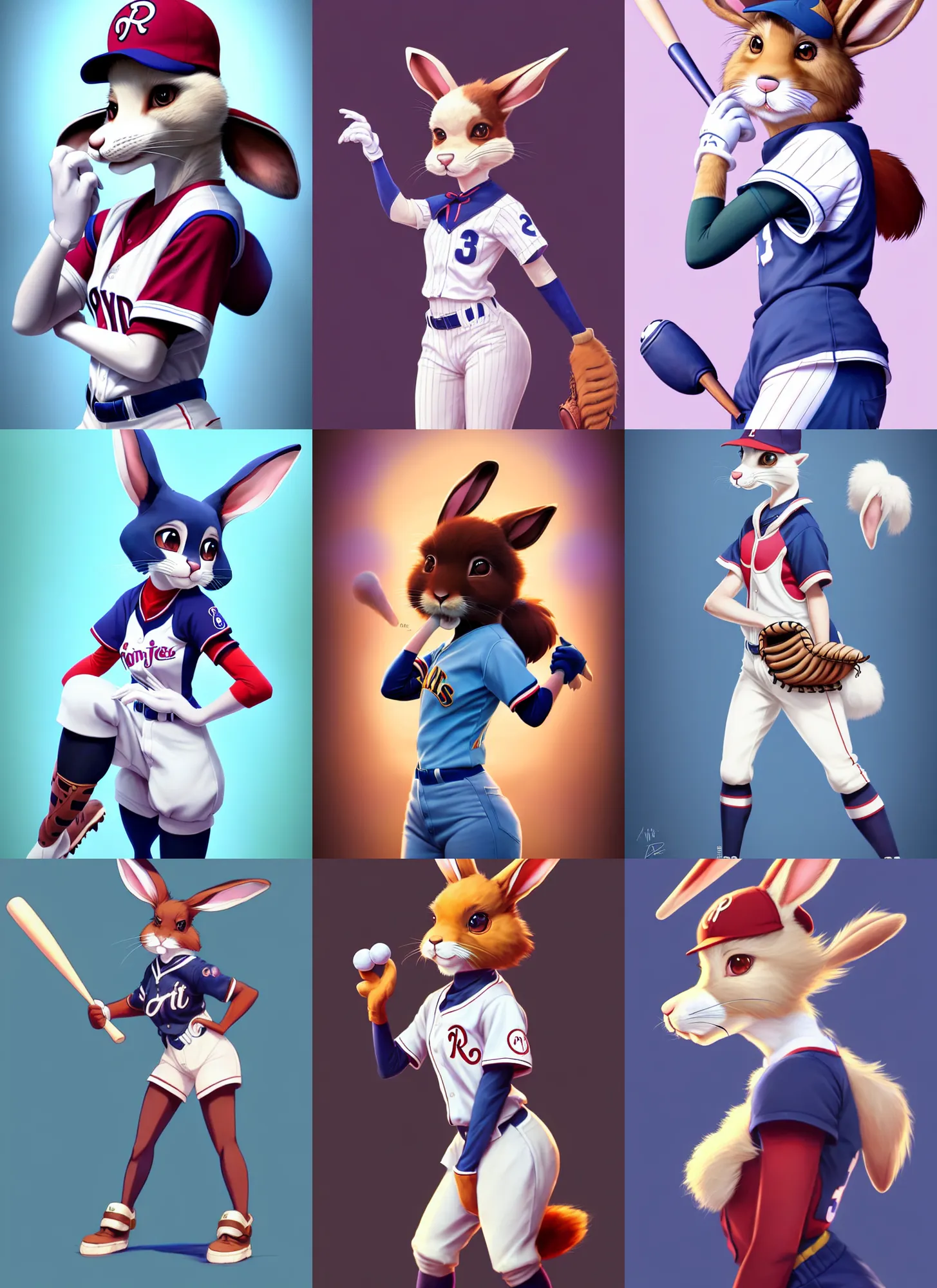 Prompt: beautiful portrait of a female anthropomorphic rabbit fursona wearing a baseball uniform. character design by disney, charlie bowater, ross tran, artgerm, and makoto shinkai, detailed, soft lighting, rendered in octane