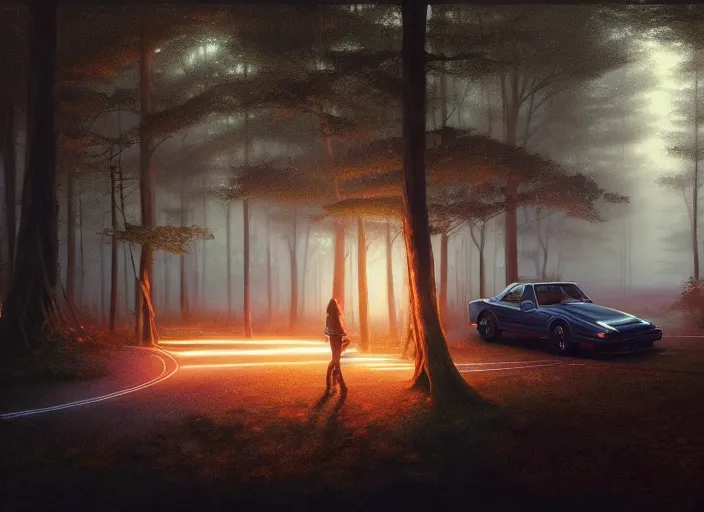 Prompt: detailed intricate digital illustration by greg rutkowski and artgerm and wlop and sanford robinson gifford ; 1 9 8 8 vehicle, glowing headlights, foggy forest in background ; 1 3 mm film, close up head on arri alfa anamorphic lens ; sharp focus, soft evening lighting, trending on artstation 4 k