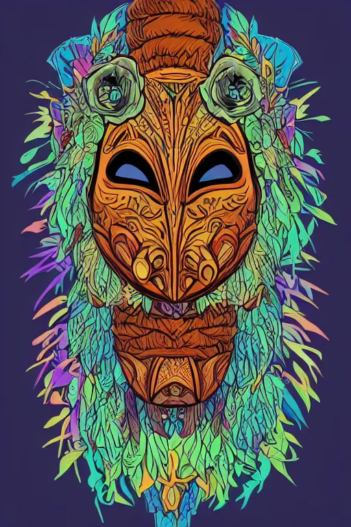 Image similar to animal mask totem roots flower tribal feather gemstone plant wood rock shaman vodoo video game vector cutout illustration vivid multicolor borderlands comics by josan gonzales and dan mumford radiating a glowing aura