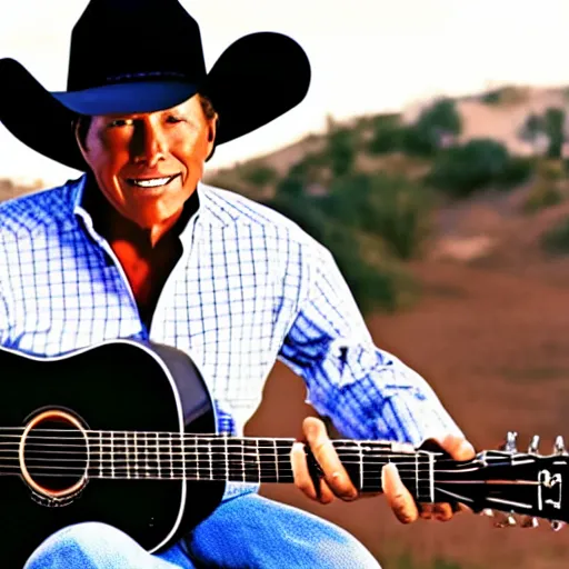 Prompt: george strait riding a horse holding his acoustic guitar,
