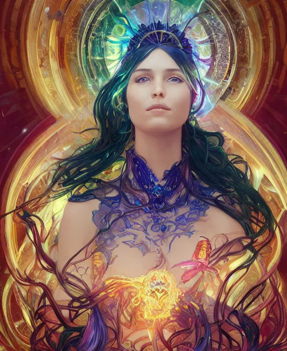 Image similar to a whirlwind of souls rushing inside the metaverse, half body, glowin eyes, tiara with sapphire, insect, d & d, fantasy, intricate, elegant, highly detailed, colorful, vivid color, digital painting, artstation, concept art, art by artgerm and greg rutkowski and alphonse mucha and ruan jia