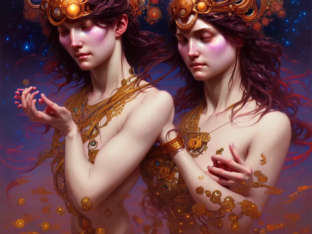 Image similar to ultra realistic, cosmic goddess, intricate details, eerie, awakening, artstation, highly detailed, photorealistic, hyperrealism, 8k, art by artgerm and greg rutkowski and alphonse mucha