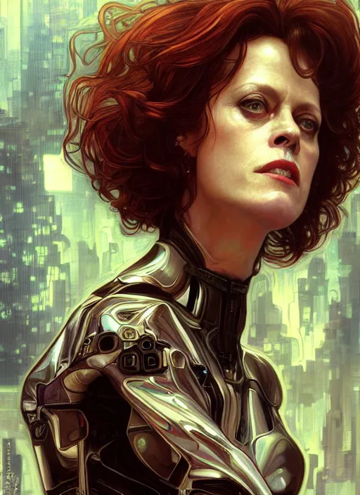 Image similar to Sigourney Weaver as cyberpunk girl, portrait, intricate, elegant, highly detailed, centered, digital painting, artstation, concept art, smooth, sharp focus, illustration, art by artgerm and donato giancola and alphonse mucha
