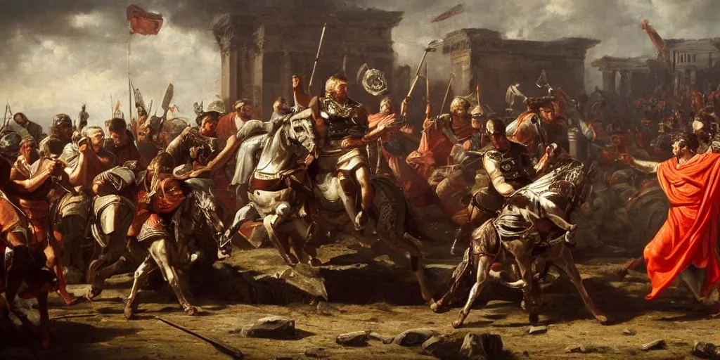 Image similar to Highly detailed and atmospheric Romantic-period oil painting of Julius Caesar in the battle of Pharsalus, dynamic lighting, 8K