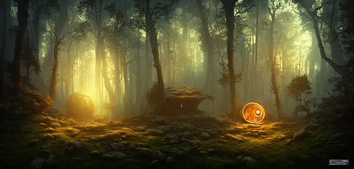 Prompt: random scary forest house landscape, round glowing portal, incredible, vector art, octane render, fabulous, hyper detailed, random cinematic view, no noise, global illumination, warm lighting, volumetric, godrays, vivid, beautiful, by jordan grimmer