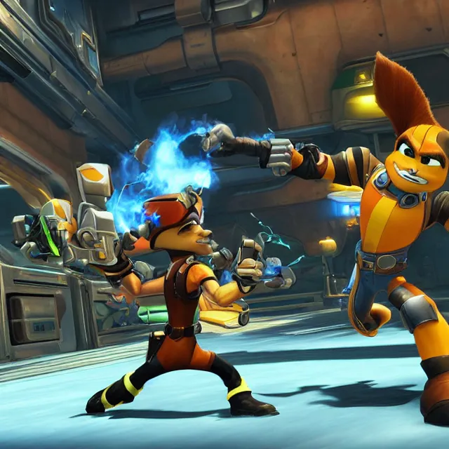 Image similar to ratchet and clank in mortal kombat, fighter, 3 d videogame render, 4 k