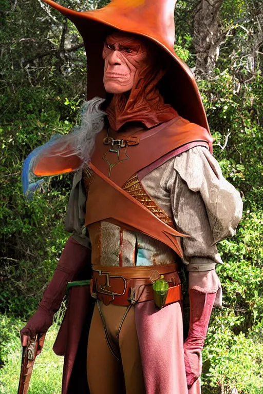 Image similar to character costume studio photograph of a character in a movie set in a world inspired by jean giraud moebius and geoff darrow