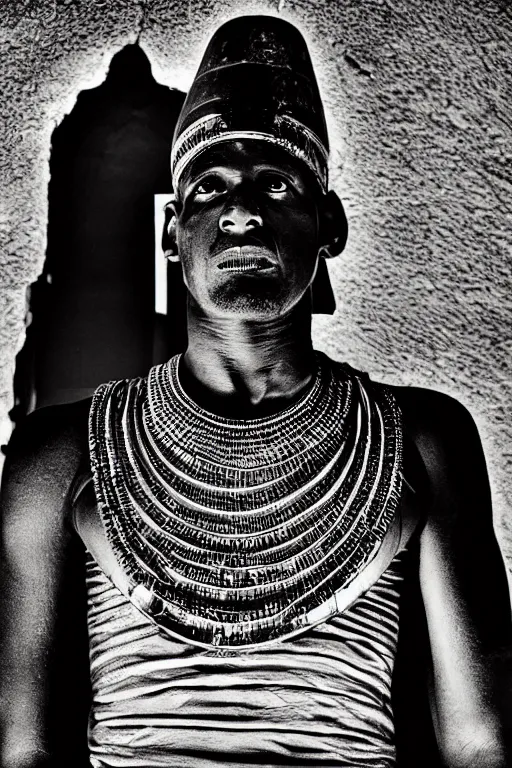 Image similar to a dramatic hero portrait of a live nubian temple guard in old egypt. photography photo art. cover of time magazine, dramatic light and shadow, saturated colors, ciaroscuro