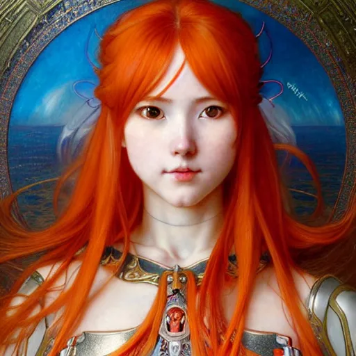 Image similar to Masterpiece head and shoulders portrait of Asuna Yuuki, young woman with orange hair wearing a partial paladin armor with a red skirt and white top, face, fantasy, intricate, elegant, highly detailed drawn by Donato Giancola and Tom Bagshaw, face by Artgerm and Edmund Leighton, Alphonse Mucha, background by James Jean and Gustav Klimt, 4k, porcelain skin, komorebi, french nouveau, trending on pixiv, octane render, hyperrealistic