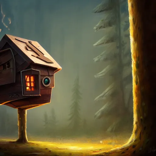 Image similar to a walking wood and metal house with two legs and one big eye, rust, hyperrealistic, highly detailed, cinematic, single ray of sun, morning, pareidolia, gravity falls style, disney, beautiful, cgssociety, artstation, 8 k, oil painting, digital art