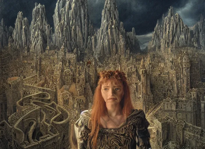 Image similar to jim henson's labyrinth an impossible maze filled with twisted turns a goblin city and a castle looming in the background by edgar maxence and caravaggio and michael whelan and delacroix style, artistic, intricate painting, cinematic lighting, hyper realistic, extremely detailed, establishing shot, 8 k resolution, dramatic lighting