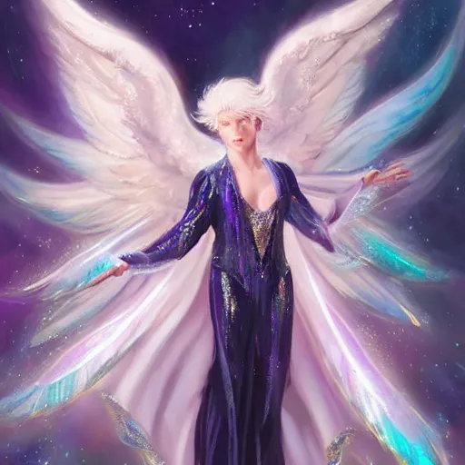 Image similar to portrait harmony of white haired angel beautiful yoongi wearing sparkly shiny greek clothes, muted colors, nebula background, neon sparkles everywhere, big wings, dynamic hair movement, + + + + dynamic pose, holographic space, glowing effect, j. c leyendecker, by alan lee, wlop! illustrated by starember, fantasy art by craig mullins