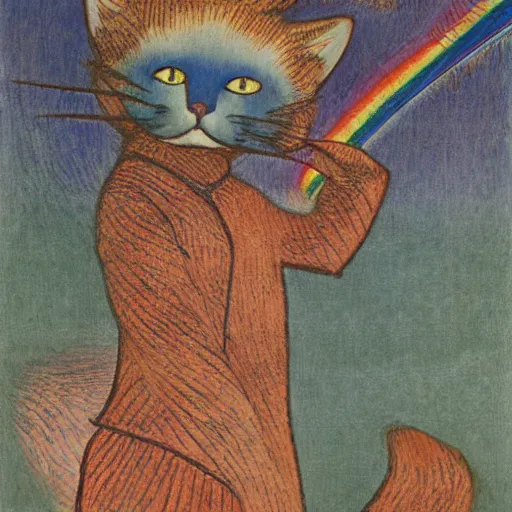 Image similar to model clay flowing rainbow cat by susan herbert and hiroshige ii and theophile steinlen and louis wain and min zhen and arthur rackham and pierre bonnard and bonnie mclean and wes wilson, 8 k, artstation