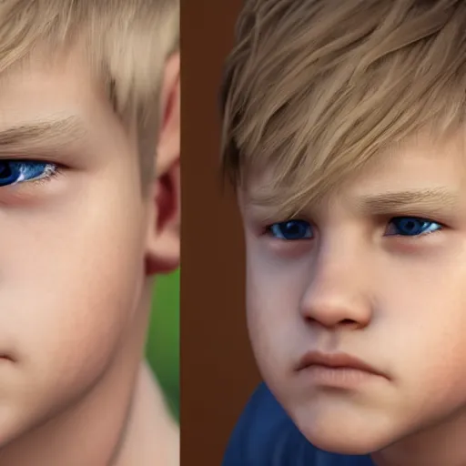 Image similar to a detailed portrait of boy with blonde hair and blue eyes, unreal engine 5 rendered, incredibly highly detailed and realistic, 8 k, sharp focus, studio quality