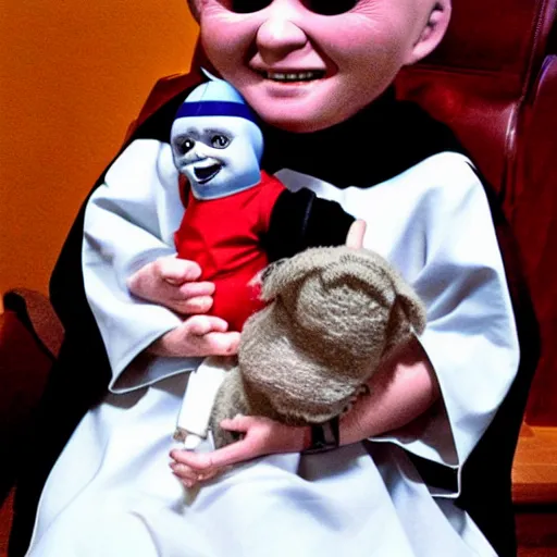 Image similar to a nun in church holding chucky the demonic killer doll on her lap