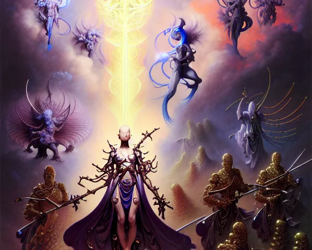 Prompt: the army of heaven, fantasy character portrait made of fractals facing each other, ultra realistic, wide angle, intricate details, the fifth element artifacts, highly detailed by peter mohrbacher, hajime sorayama, wayne barlowe, boris vallejo, aaron horkey, gaston bussiere, craig mullins