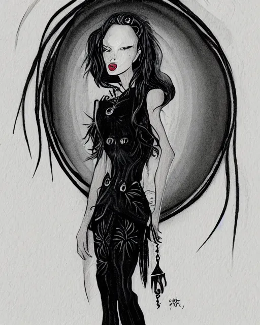 Image similar to creole androgynous vampire, moody black ink illustration