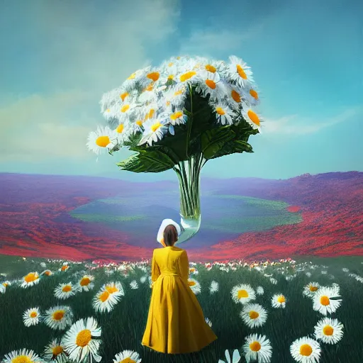 Prompt: huge daisy flower as a head, a woman in suit, standing in modern window in luxury apartment, surreal photography, sunlight, impressionist painting, digital painting, artstation, simon stalenhag