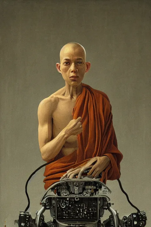 Image similar to robot monk painting a self - portrait on a canvas. intricate, highly detailed, photorealistic, film still, by vdragan bibin.