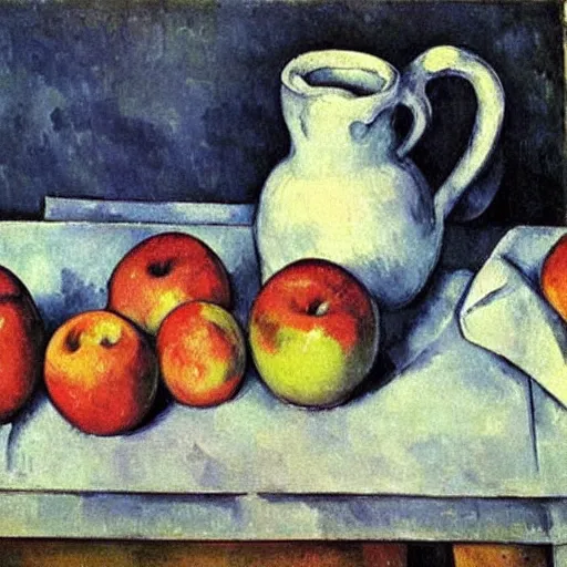 Image similar to still life with apples cup and pitcher by paul cezanne,