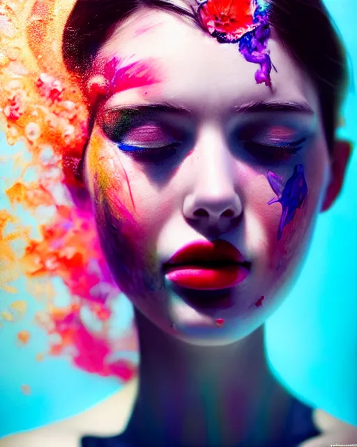 Image similar to very beautiful woman, face submerged in colorful oils, realism, extreme detail, real life, soft light, volumetric light, 3 d shadows, james jean, photoshoot