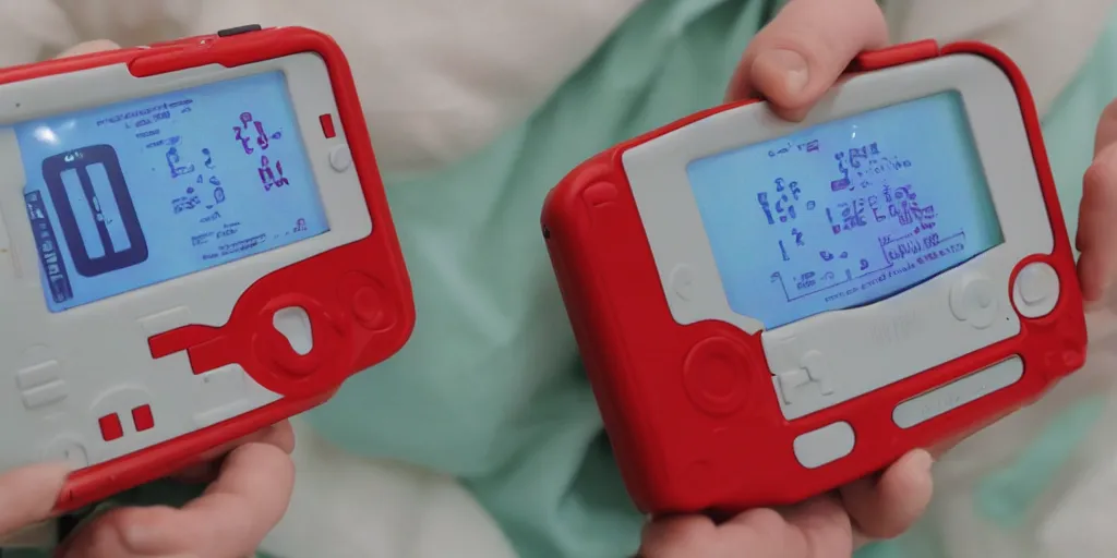 Prompt: heart monitor films in a childrens hospital on a wide red gameboy handheld console