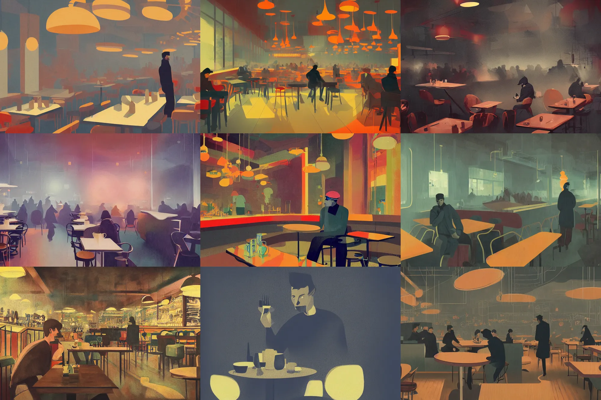 Prompt: portrait of busy cafe interior man, colorful, my people, modern art deco, mads berg, christopher balaskas, victo ngai, low fog, fine texture, detailed, muted colors, dramatic lighting, dynamic composition, film noir, matte print, wide angle, moody, stippled, very grainy texture