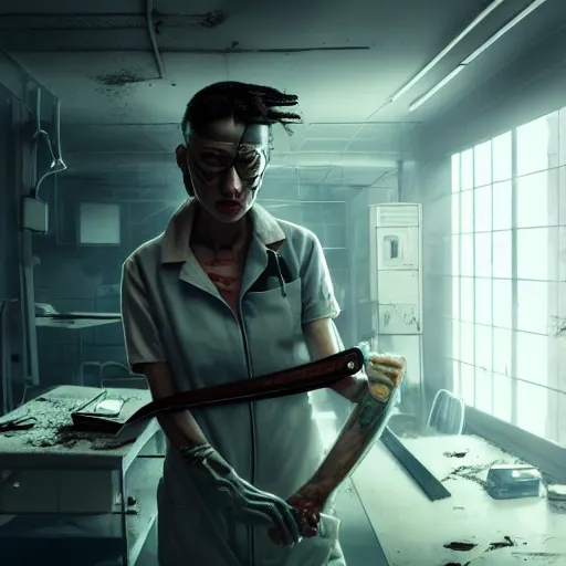 Image similar to confused patient holding a knife in an abandoned cyberpunk medical lab, ultra realistic, concept art, intricate details, eerie, highly detailed, photorealistic, octane render, 8k, unreal engine, art by Ben Evrard