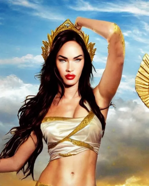 Prompt: megan fox as a Greek goddess in the sky, hyper realistic