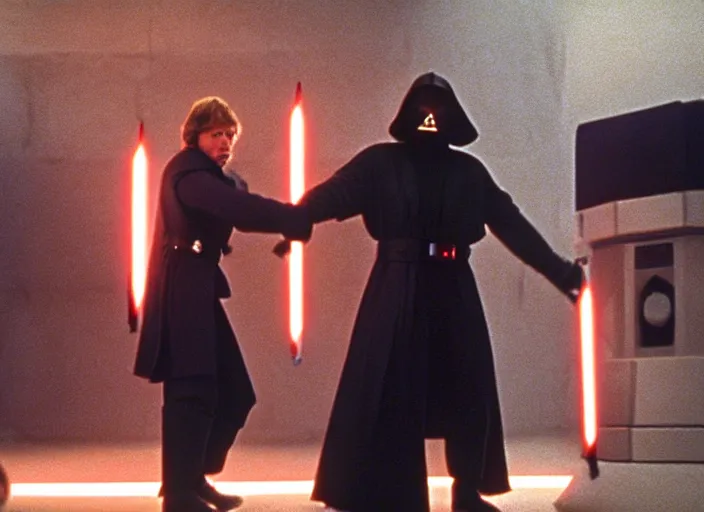 Prompt: screenshot from the film, Luke Skywalker faces off against unknown sith lord in electricity filled temple, 1970s film directed by Stanley Kubrick, Kodak color film, LUT, 4K, hyperdetailed, iconic scene, moody cinematography, anamorphic lenses