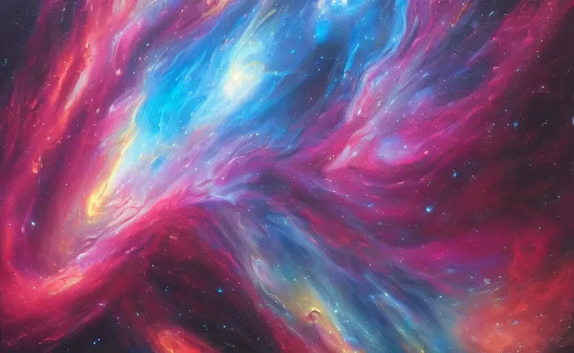 Image similar to an abstract oil painting of an unbelievably beautiful space nebula; hyper-detailed; an extraordinary masterpiece!!!; flawless; trending on artstation