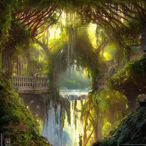 Prompt: waterfall overgrowth city nature photography art nouveau 8 k by antoni gaudi, greg rutkowski, evgeny lushpin