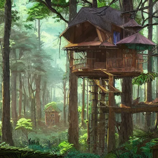 Image similar to concept art painting of treehouses made out of trees, walkways between trees, trees with doors and windows in a deep forest, realistic, detailed, cel shaded, in the style of makoto shinkai and greg rutkowski and james gurney