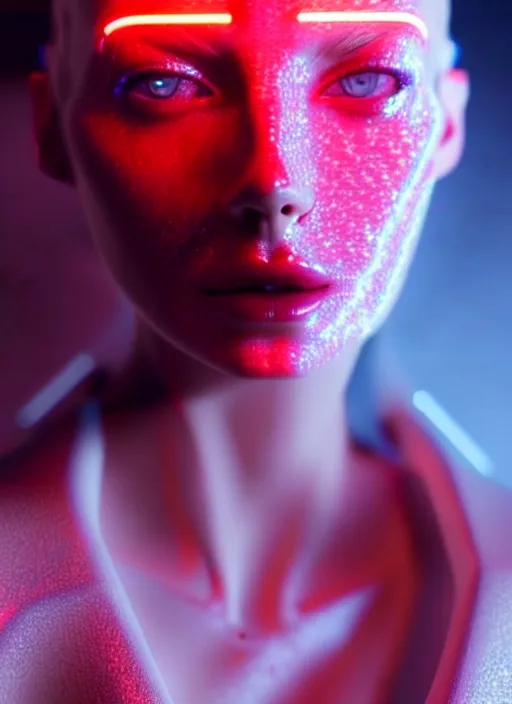 Image similar to a sensual caucasian female humanoid with freckles, cyber neon lighting, futurism, intricate futuristic jewelry accessories, cyberpunk high fashion, profile posing, hyper photorealistic, crispy quality, digital photography, trending in artstation, trending in pinterest, cinematic, 4 k ultra hd, art by pascal blanche, art by greg rutkowski,