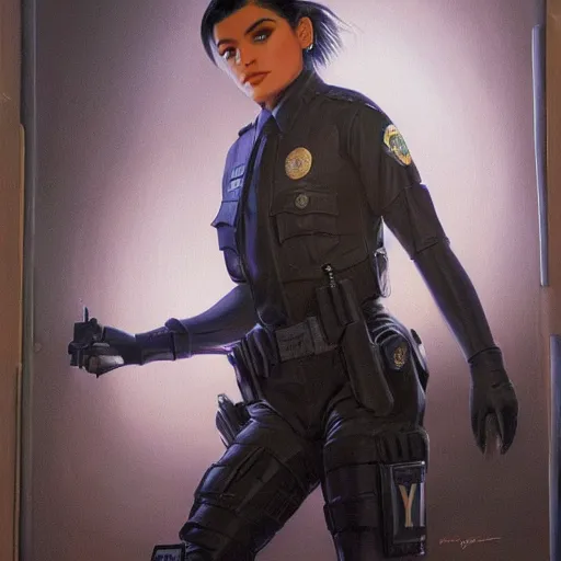 Prompt: kylie jenner as a cop, full body in view, full pov, haunted house interior, pretty, aesthetic, matte detailed photo, DeviantArt, Artstation, by donato giancola, ralph horley, loish, cinematic lighting