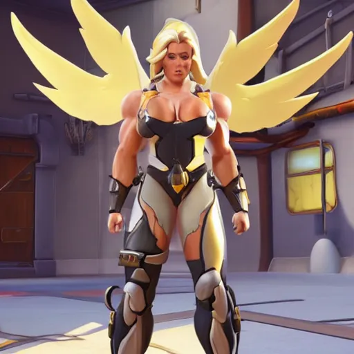 Image similar to a screenshot of arnold schwarzenegger as mercy in overwatch, full body shot