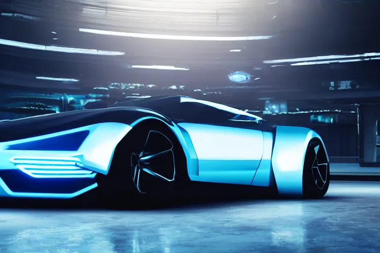 Image similar to cyberpunk ford concept inspired sports car, futuristic look, highly detailed body, very expensive, photorealistic camera shot, bright studio setting, studio lighting, crisp quality and light reflections, unreal engine 5 quality render