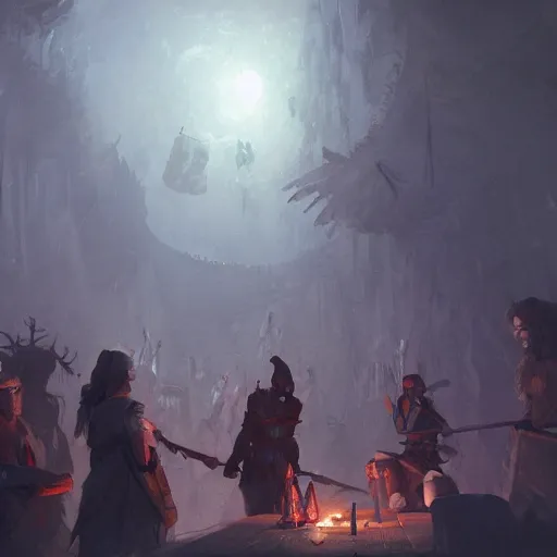 Image similar to A party of adventurers setting up camp in a dark dungeon, D&D, fantasy, digital painting, detailed, artstation, pixiv, Krenz Cushart, Greg Rutkowski