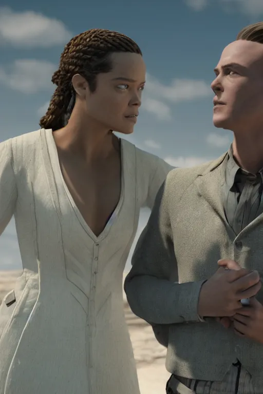 Prompt: Tessa Thompson and Evan Rachel Wood star in HBO's Westworld, 3d render, Pixar